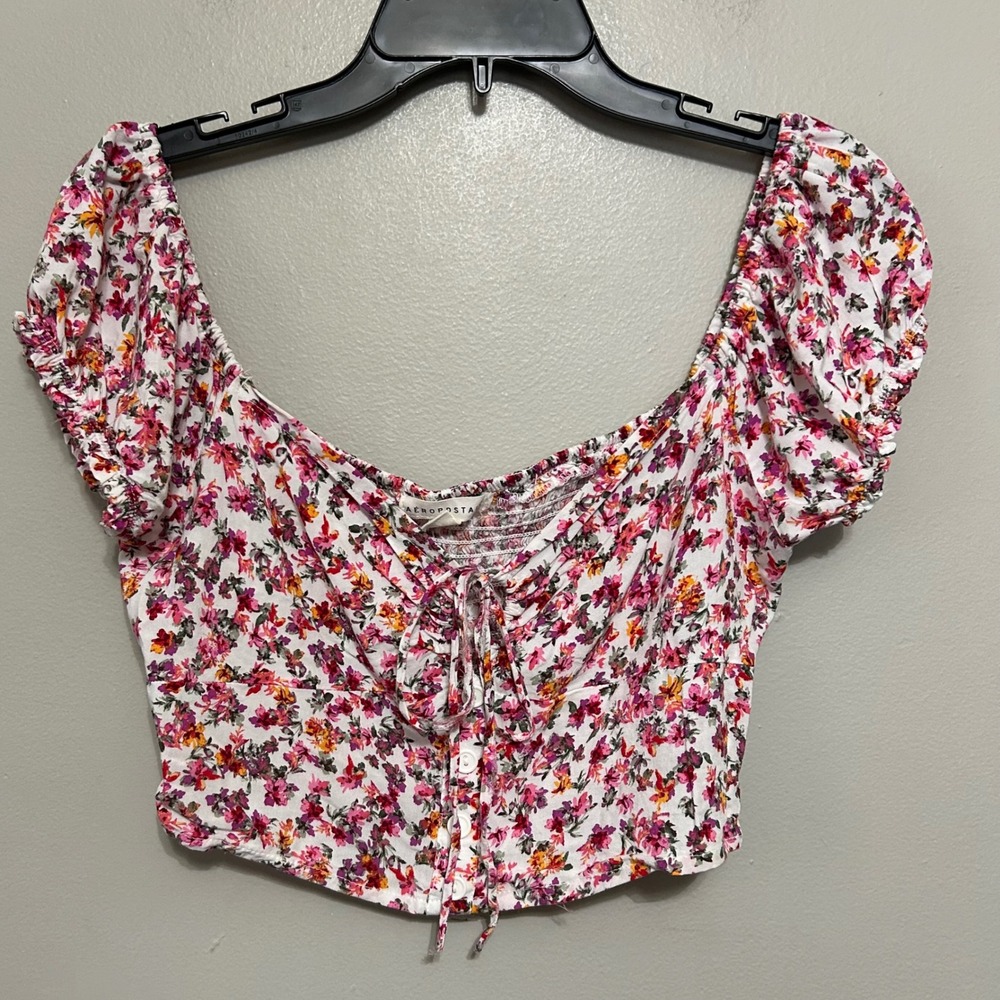 Aeropostale Floral Crop Top M White Pink Puff Sleeve Smocked Romantic Fairy Boho